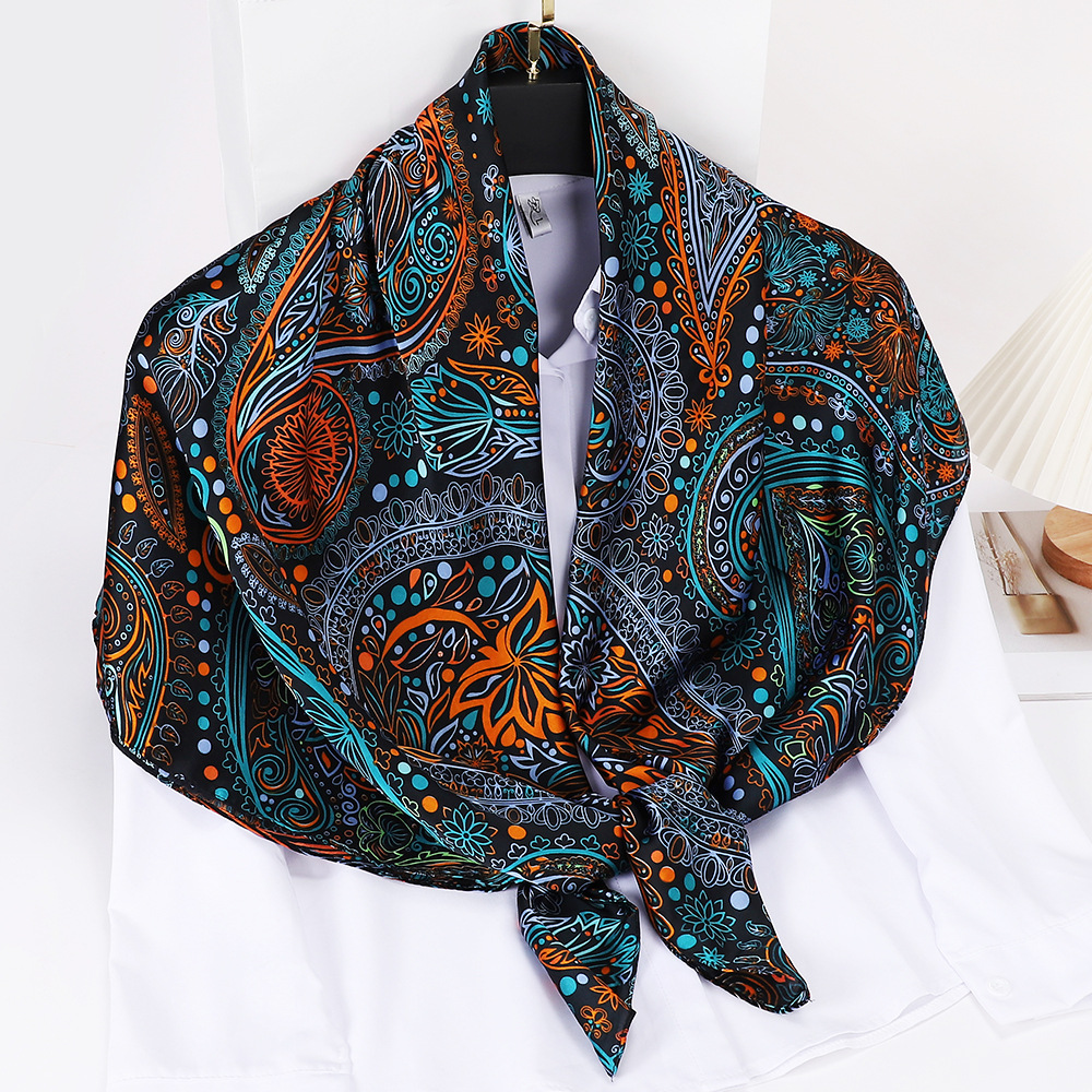 Retro Cashew Silk-like Printed Scarf for Women Summer Thin Brocade Satin 110 Large Kerchief All-Match Sun Protection Talma