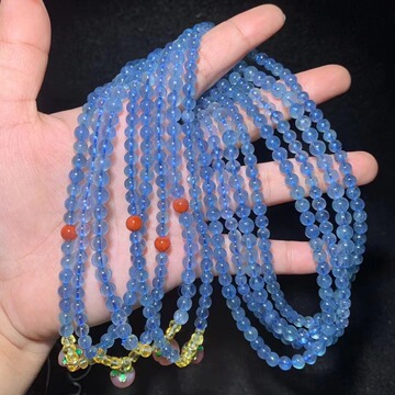 天然海蓝宝魔鬼蓝三圈手链 搭配南红玛瑙蜜蜡等 晶体通透直播货源