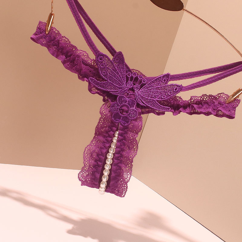 外贸情趣珍珠按摩内裤缇花蕾丝面料细带免穿脱纯色镂空丁字裤爆款