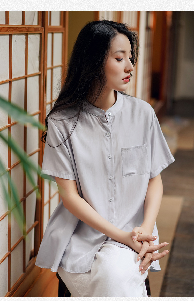 夏季薄款叠穿短袖衬衫女韩系垂坠感慵懒风立领单排扣外穿衬衣上衣