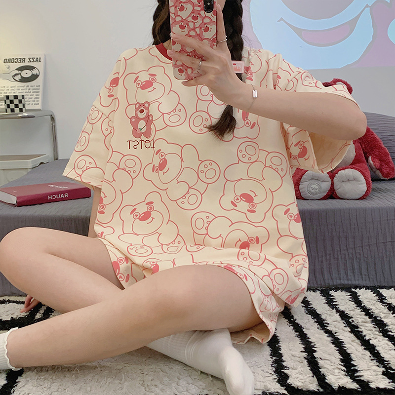Pajamas Cross-Border Foreign Trade Pajamas Wholesale Women's Summer Strawberry Bear Cartoon Cute Short Sleeve Homewear Suit