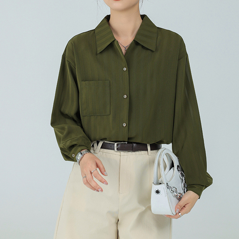 春秋新款小众复古衬衫女宽条纹上衣通勤休闲落肩袖衬衫领衬衣