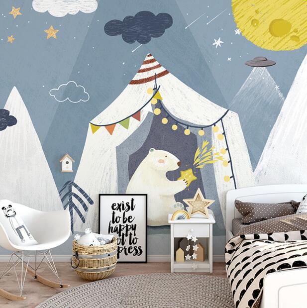 北欧儿童房壁纸男孩北极熊手绘壁画幼儿园卡通墙布卧室背景墙纸3d