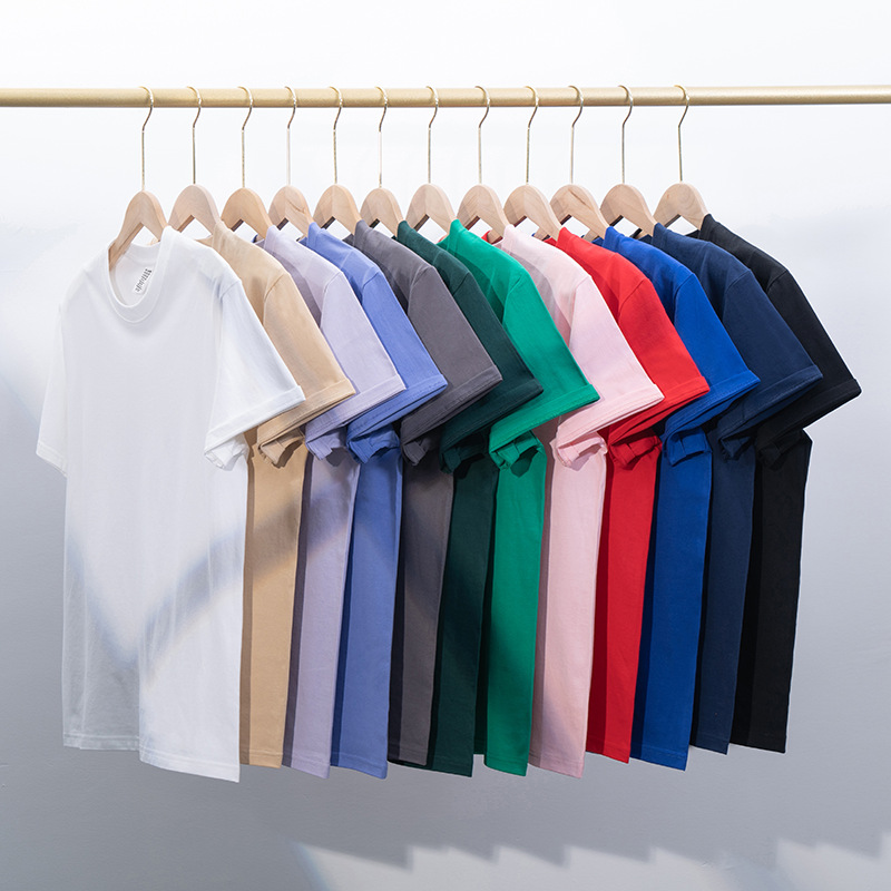 夏短袖T恤230克二本针精梳纯棉纯色男女情侣装四针六线锁链条工艺