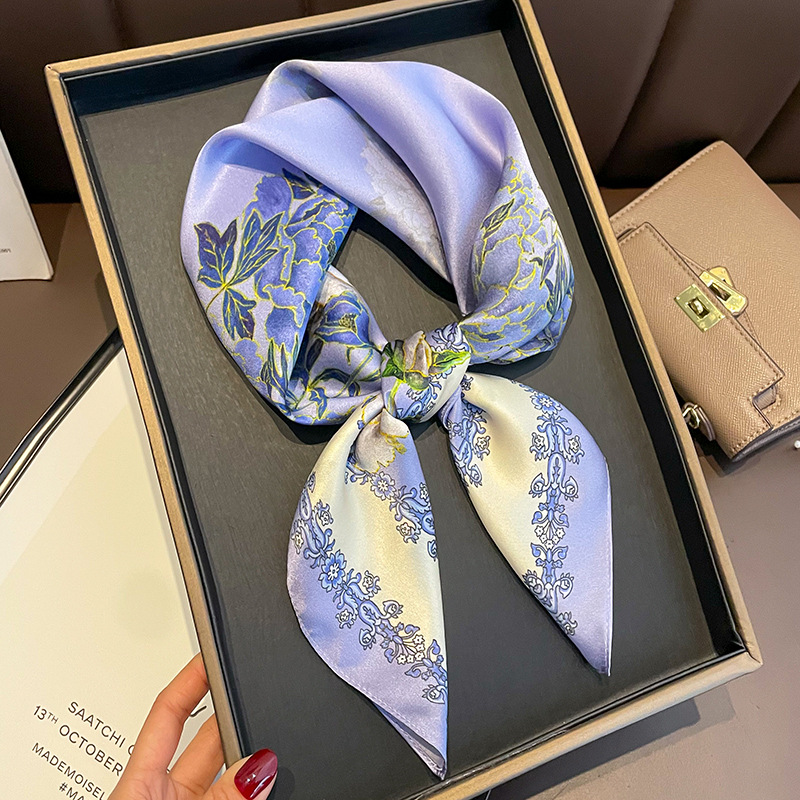 Korean Style Pastoral Style Purple Spring and Summer 70 Square Scarf Silk Scarf Women's Sun Protection Neck Scarf Matching Shirt Arm Bag