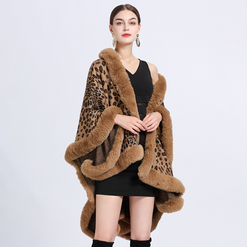 808# European and American Autumn and Winter New Imitation Rex Rabbit Fur Collar Leopard Jacquard Shawl Cape Oversized Knitted Cardigan Coat for Women