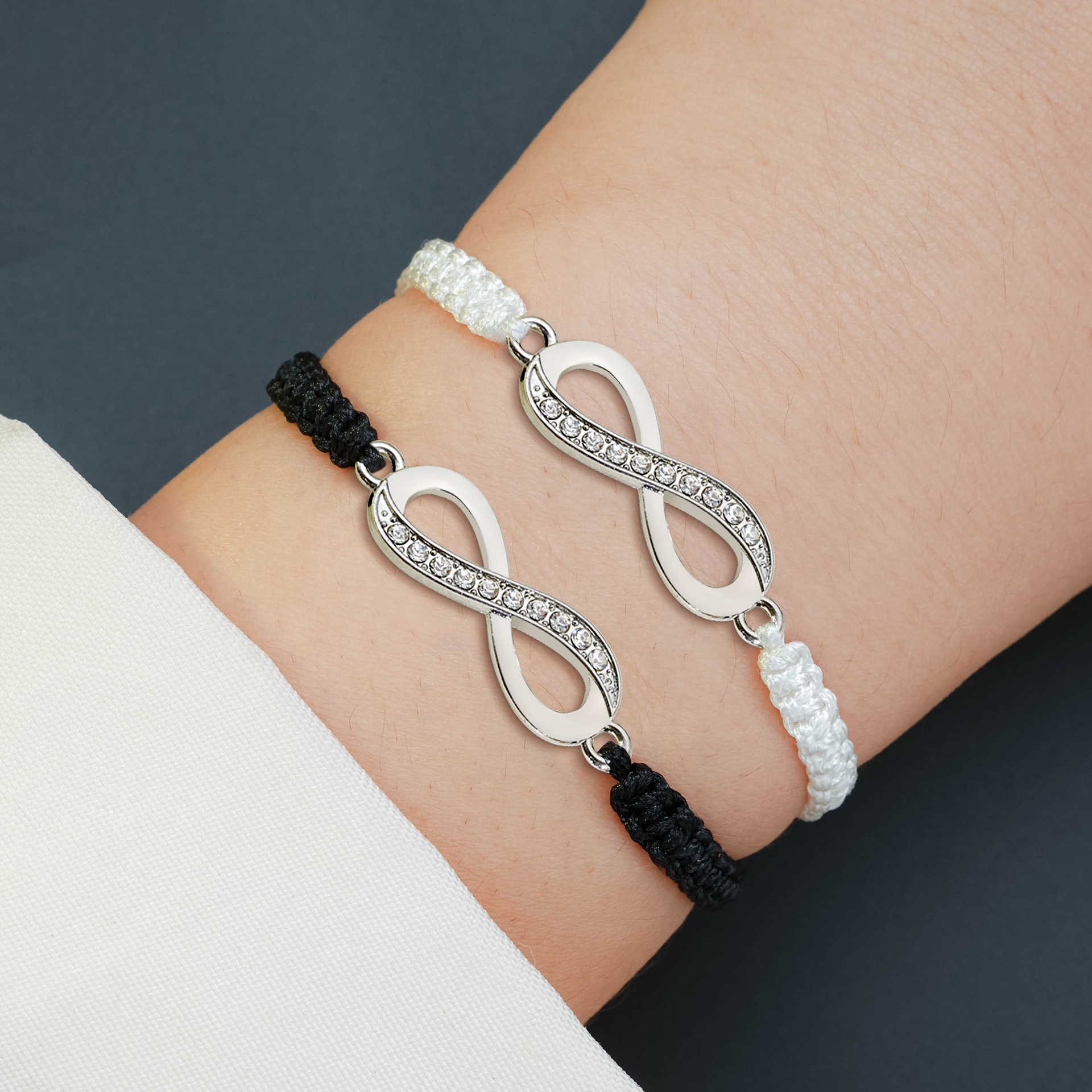 跨境热销时尚编织可调节镶钻8字幸运手绳黑白情侣闺蜜手链2件套