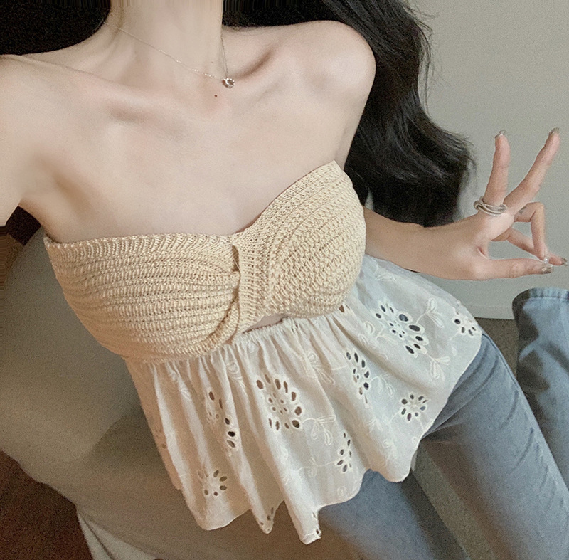 针织抹胸背心纯欲镂空纽结露背短款裹胸女夏防走光无肩带辣妹上衣