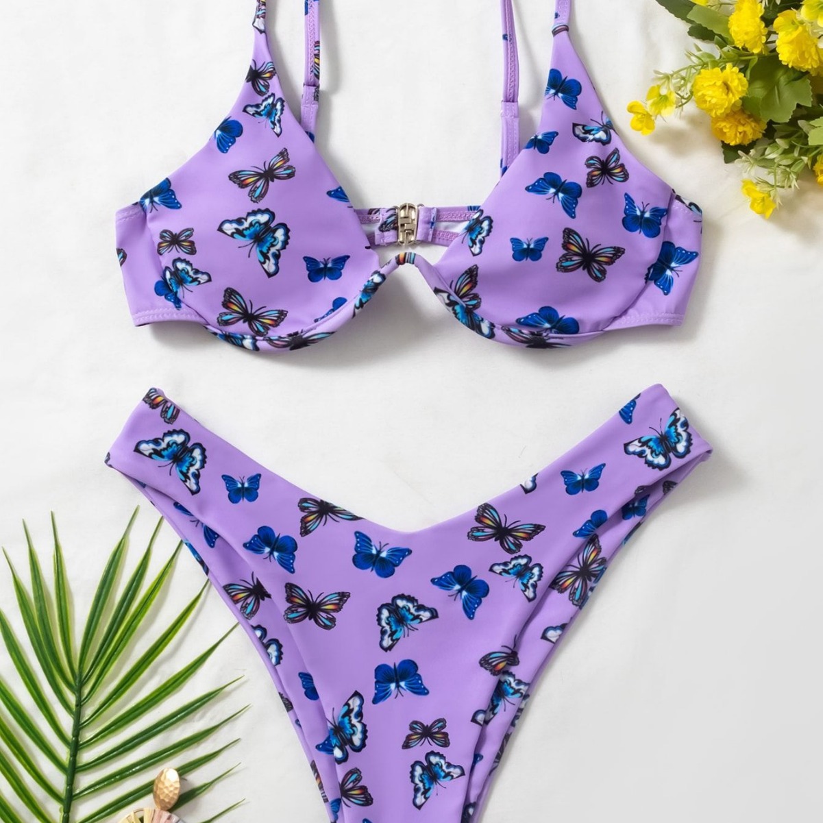跨境时尚印花蝴蝶硬杯复古风欧美速卖通新款低腰三角裤吊带比基尼-阿