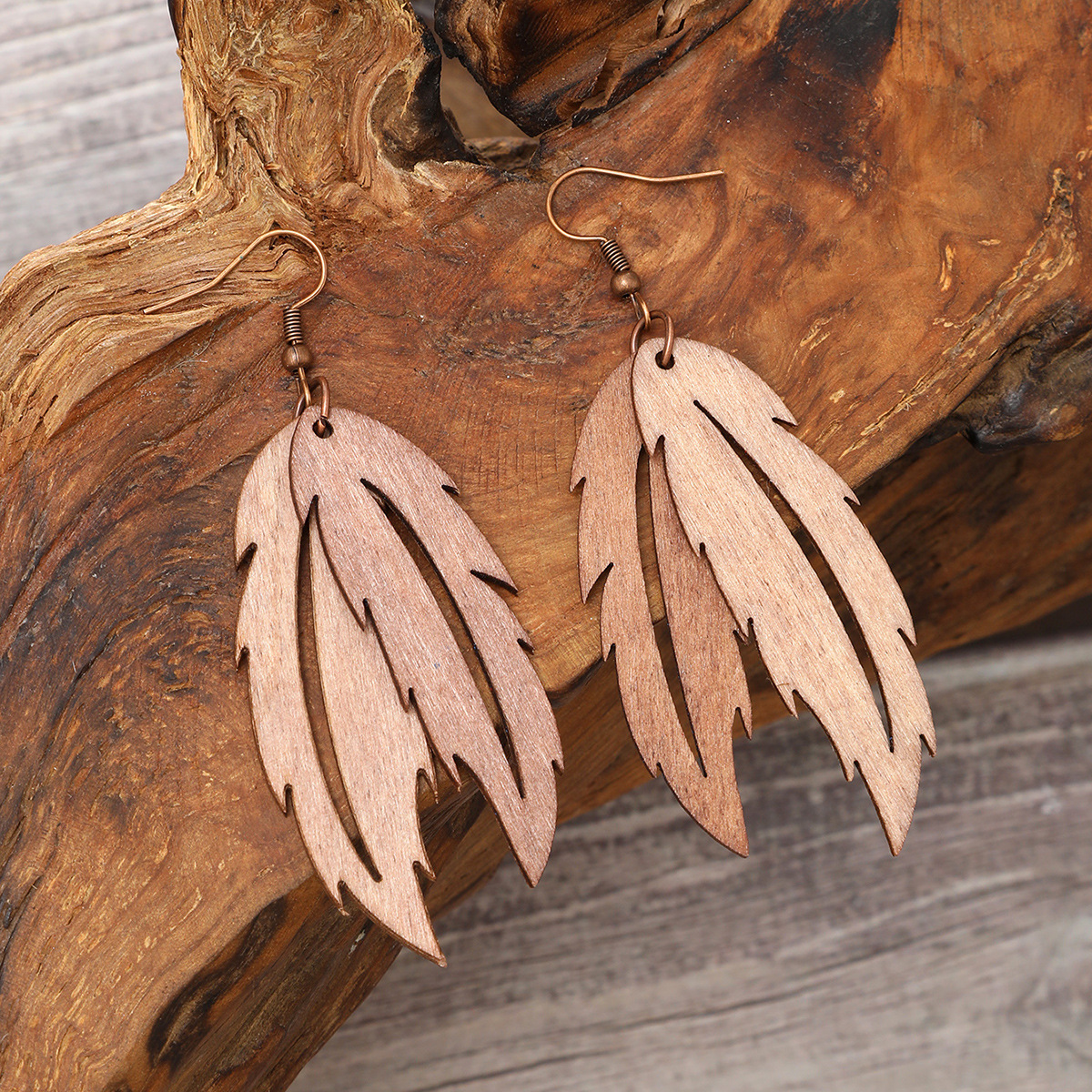 Cross-Border Retro Feather Leaf Shape Combination Wooden Earrings Eardrops Women Aliexpress Amazon
