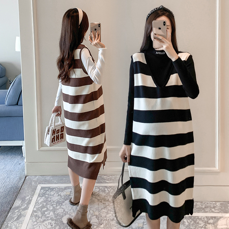 秋冬新款孕妇装针织条纹连衣裙过膝长款半高领孕妇裙两件套