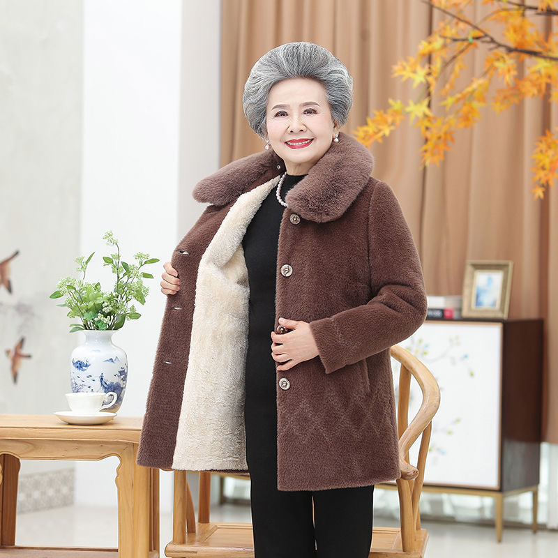 奶奶冬装毛呢外套女加绒保暖中老年人秋冬款水貂绒大衣老太太棉袄