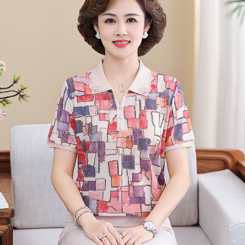 中老年女装短袖t恤夏装50-60岁妈妈装新款翻领上衣时尚冰丝小衫女