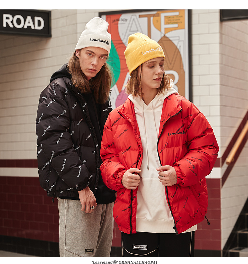 leaveland枫叶羽绒服青年情侣装冬季印花白鸭绒保暖立领外套2026