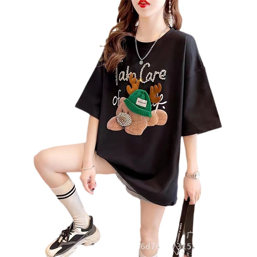 2023 New Summer Rhinestone T-shirt Short Sleeve Women's Loose Large Size European Goods Exquisite Rhinestone Cartoon Trendy Ins Women's Top