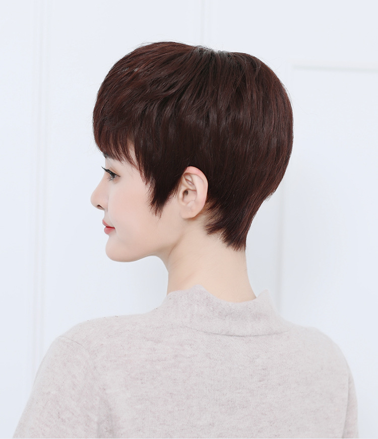 真发假发女短发真人发丝纹理烫短发头套妈妈款短卷发假发头套