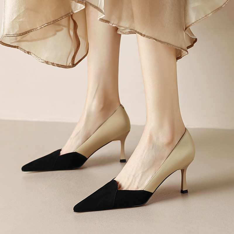 气质女神范拼色羊皮高跟鞋2023春季新款细跟尖头ol全皮浅口单鞋女