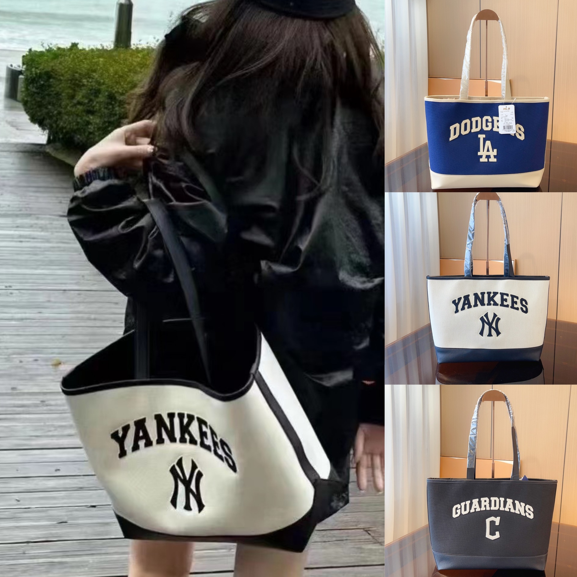 mlb购物袋新款大托特包水桶包字母ny大容量男女同款 2023新款绣花-阿