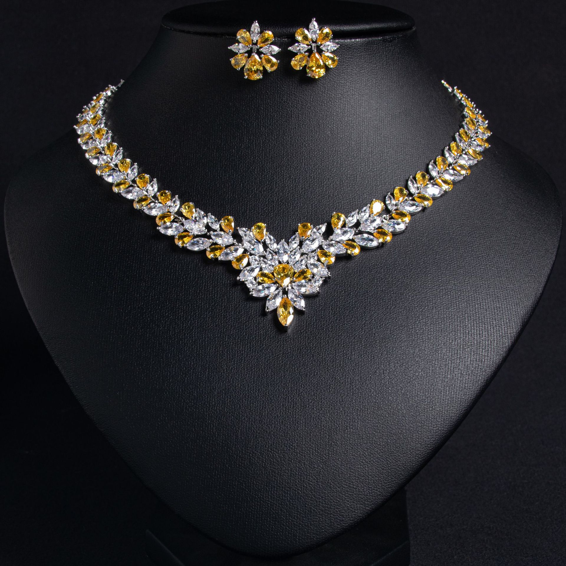 外贸跨境爆款韩版新娘珠宝饰品套装项链冰花耳环锆石首饰套装批发