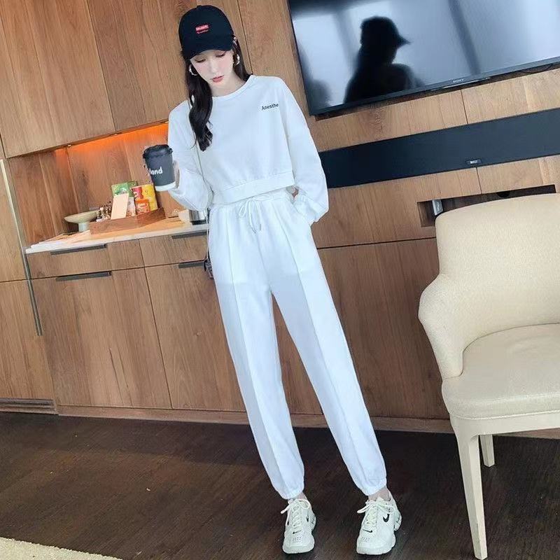 白色卫衣卫裤休闲高腰束脚裤两件套2021韩版早秋新款女装套装针织上衣