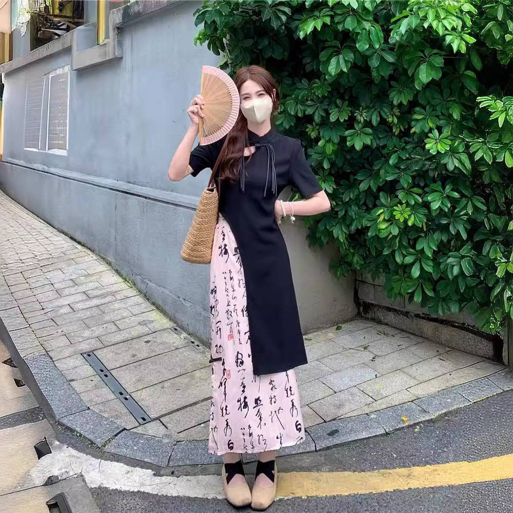 新中式国风复古高级感不规则短袖T恤半身裙时尚两件套装裙女夏季