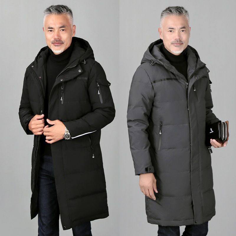 反季促销特价中老年男士羽绒服男中长款冬季加厚外套中年大码连帽