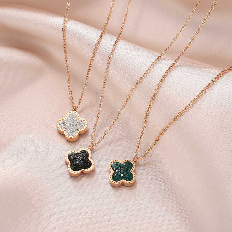 韩版18k玫瑰金满钻双面四叶草项链女钛钢不掉色轻奢感网红锁骨链