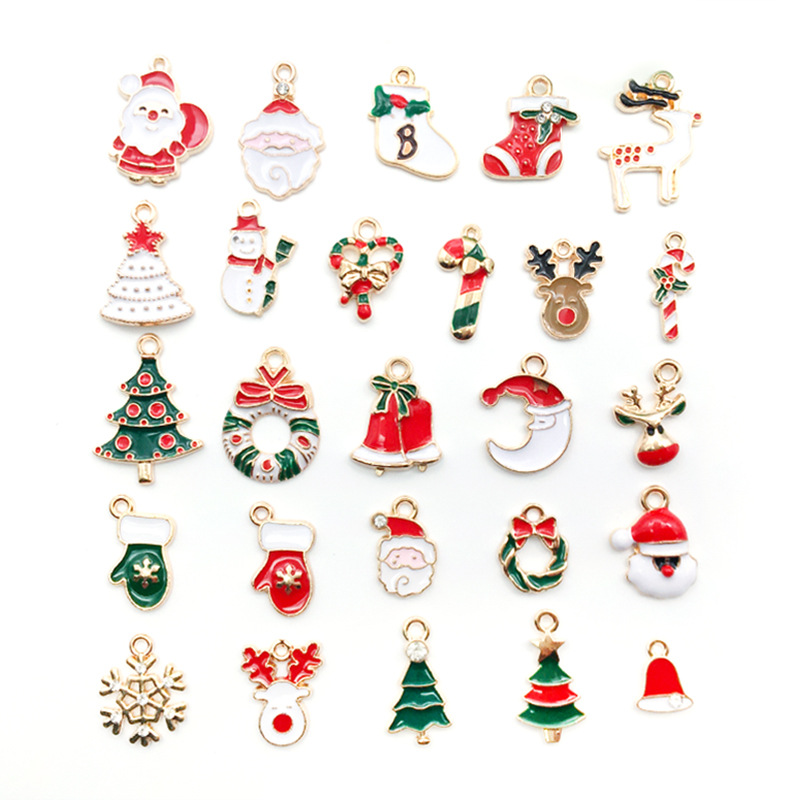 Mixed 100 Christmas Dripping Oil Alloy DIY Ornament Accessories Santa Snowman Bell Elk Bracelet Pendant