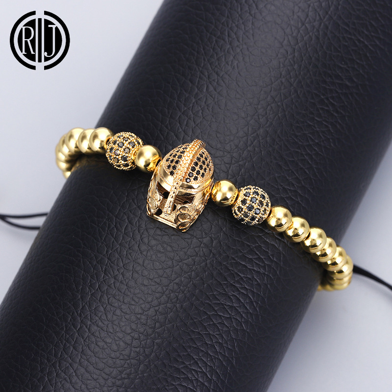 wish欧美爆款饰品铜镶锆手环 钢珠6mm武士头手串男女夸张手链批发