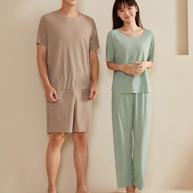 Couple Ice Silk Home Wear Summer Women's round Neck Short Sleeve Trousers Suit Men's Shorts Seamless Ice Silk Pajamas