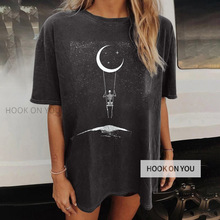 复古骷髅太阳月亮印花短袖上衣夏季哥特式衣服黑色 T 恤 2024