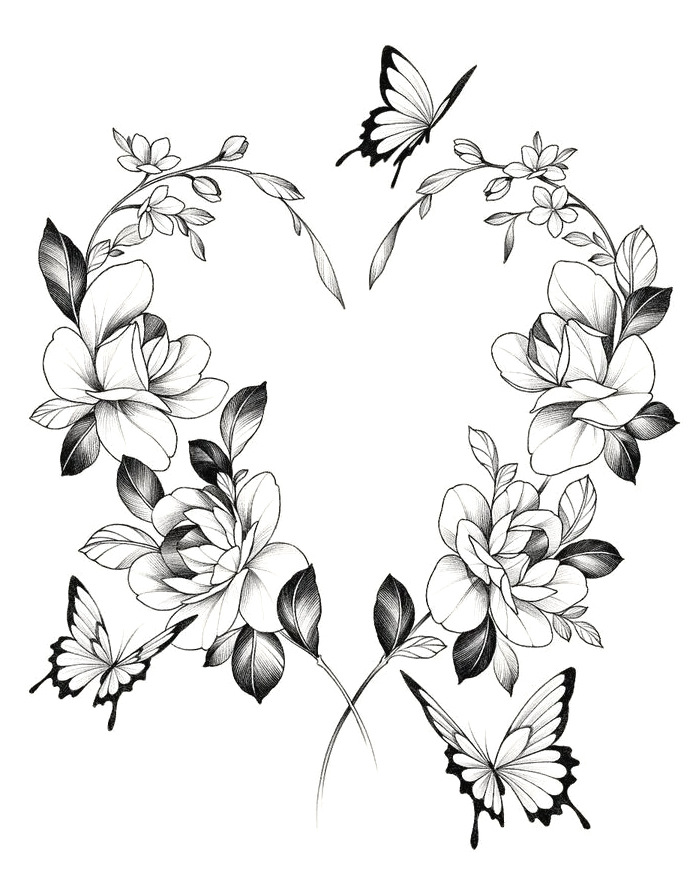 现货批发黑白素描花朵纹身贴暗黑花臂纹身贴纸玫瑰花朵tattoo