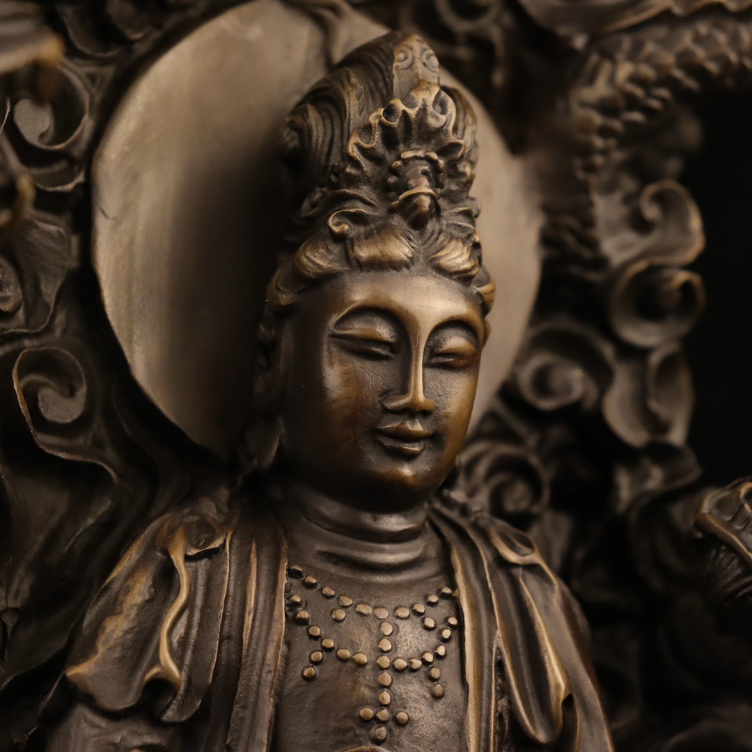 黄铜九龙观音摆件仿古铜五龙观世音千手观音菩萨家居佛堂寺庙供奉