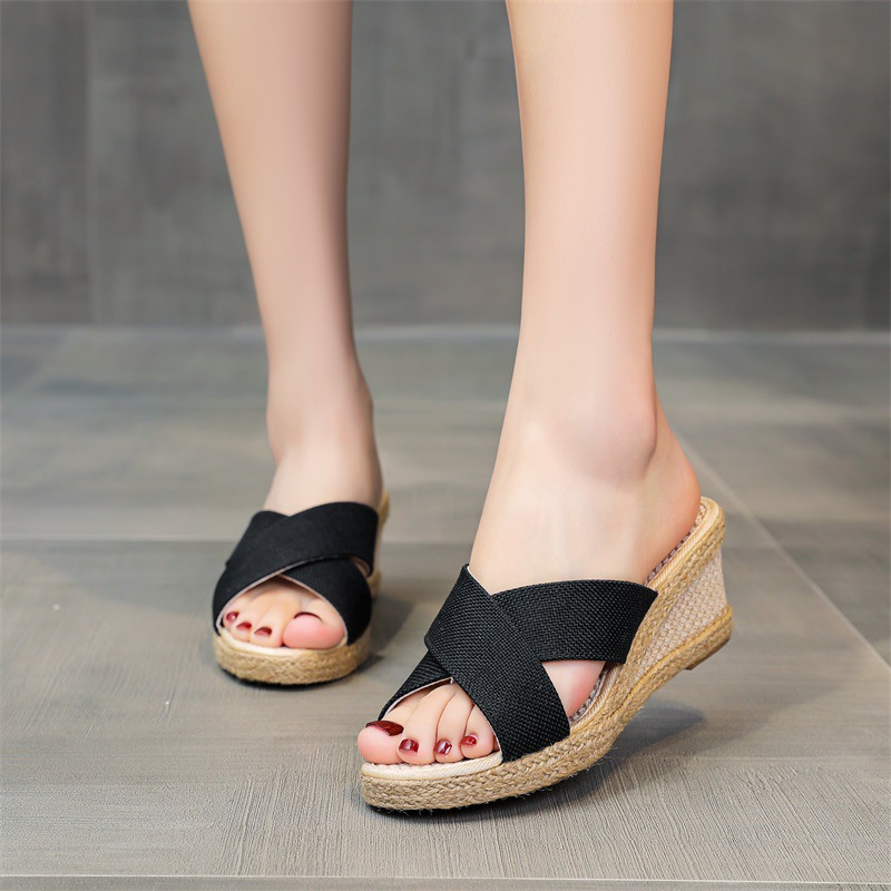 Spring and Summer 2023 New High Heel Sandals Old Beijing Cloth Shoes Wedge Women's Shoes Casual Beige Korean Style Women's Slippers