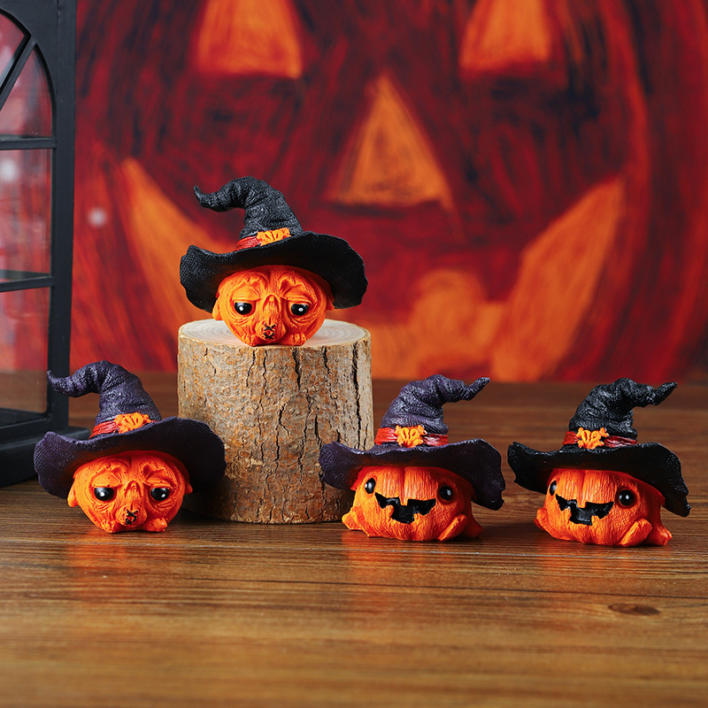 跨境万圣节魔法帽南瓜头摆件微景观树脂工艺品南瓜幽灵派对装饰品