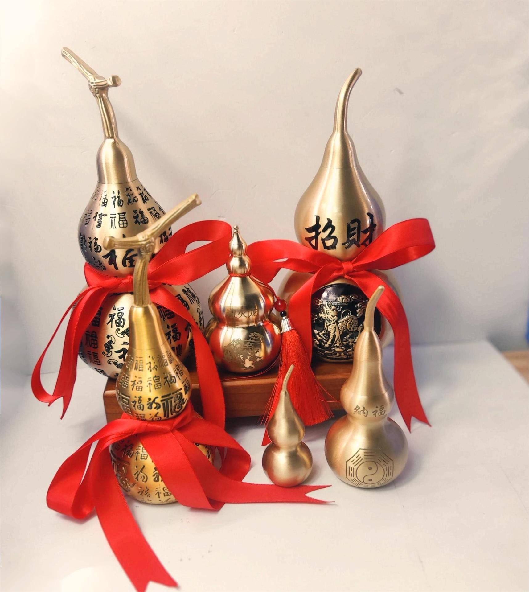 黄铜百福葫芦手把件镇宅招财纳福开口大号黄铜工艺风水葫芦摆件