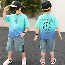 男童2024夏季韩版新款男孩笑脸吊染套装中大童时尚两件套帅气儿童
