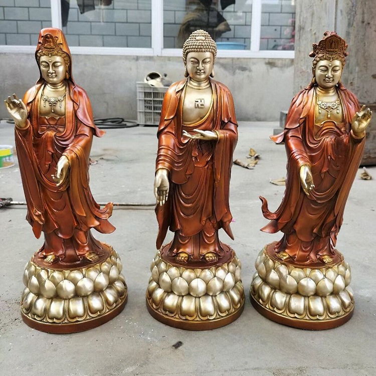 大型纯铜铸造西方三圣佛像释迦牟尼佛大势至菩萨观世音菩萨铜佛像