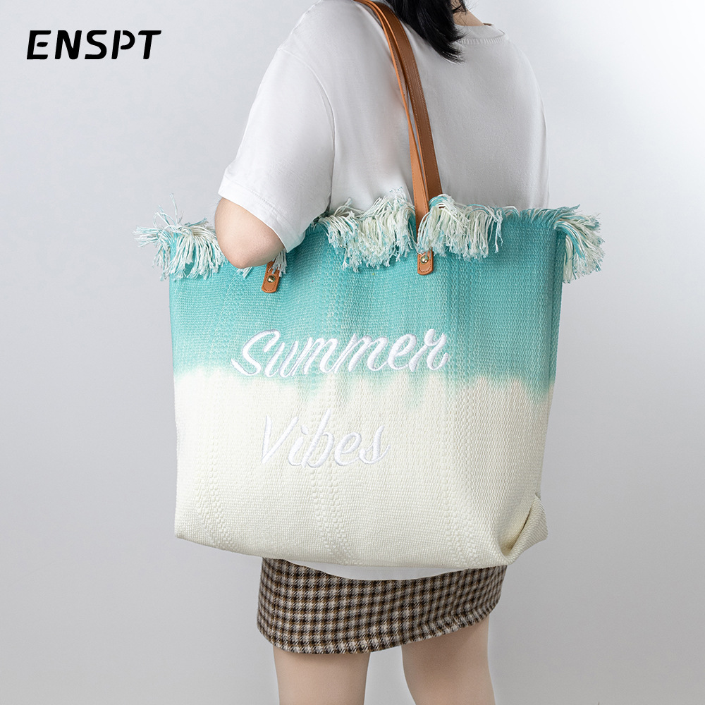 跨境刺绣托特包流苏帆布包磁扣通勤包腋下包包新款沙滩单肩包夏季