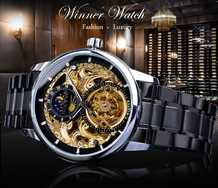 winner外贸运动男士时尚休闲镂空月相 雕花镂空自动机械手表批发