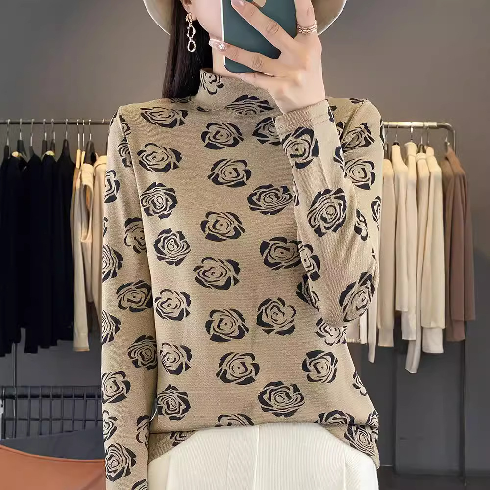 半高领德绒打底衫女春秋冬新款内搭女士保暖上衣印花长袖T恤批发