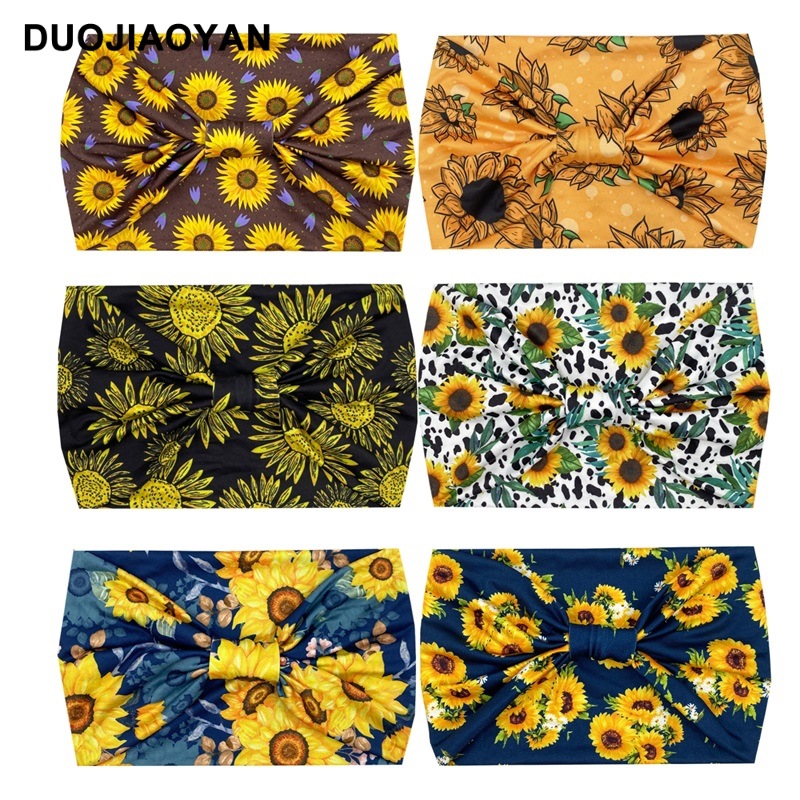 New Sunflower Hair Band Fashion Printed Wide-Brimmed Elastic Flower Sports Hair Band Cross-Border Knotted Hair Band Wholesale