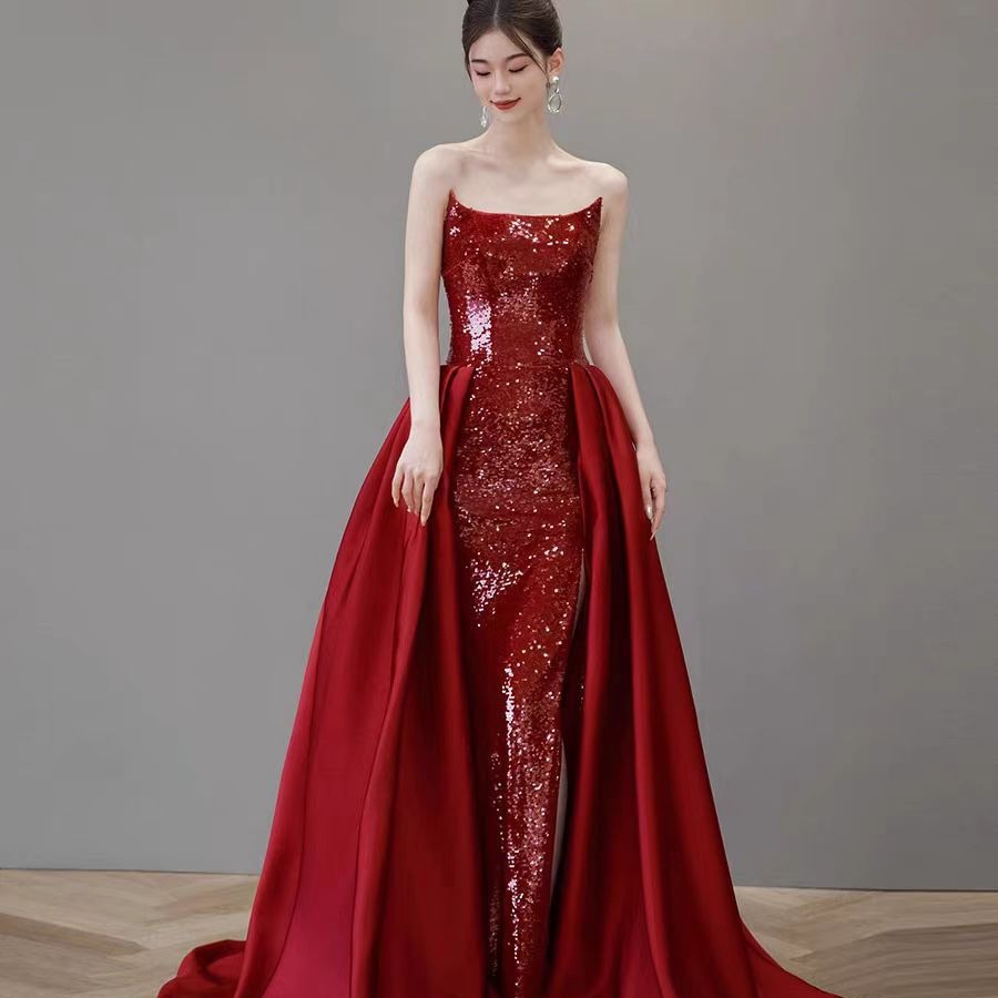 2023新款新娘结婚敬酒服酒红色喜宴长裙订婚宴挖礼服蕾丝亮片超闪