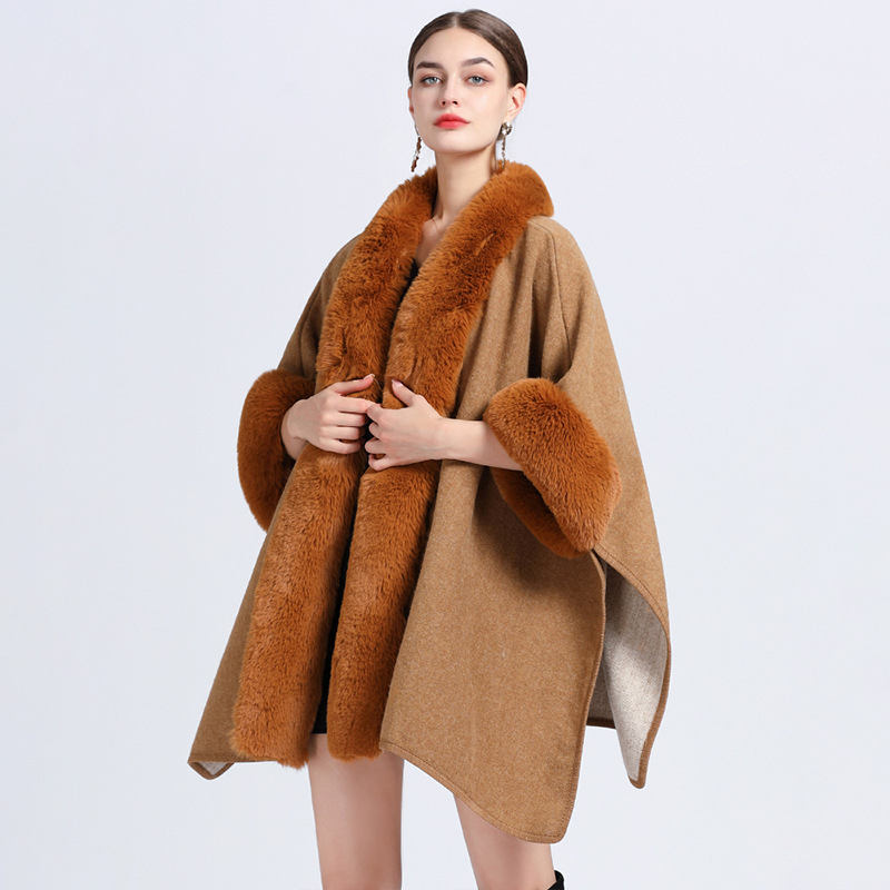 881# European and American Autumn and Winter New Imitation Rex Rabbit Fur Collar Shawl Cape Oversized Knitted Cardigan Woolen Coat for Women