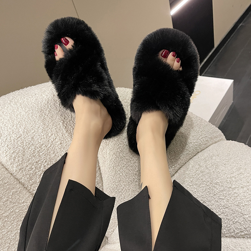 Fall Fluffy Slippers Women's Outer Wear Thick Bottom Soft Bottom Korean Style Non-Slip Cross Flip-Flops Flat Home Home Cotton Slippers