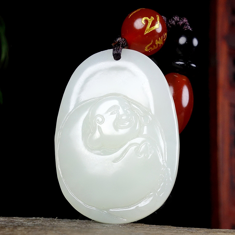 新疆和田玉笑佛吊坠精雕白玉弥勒佛大肚佛公笑口常开玉挂件配证书