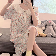 夏季棉绸睡裙女可爱日系宽松薄款人造棉短袖娃娃领大码家居服睡衣