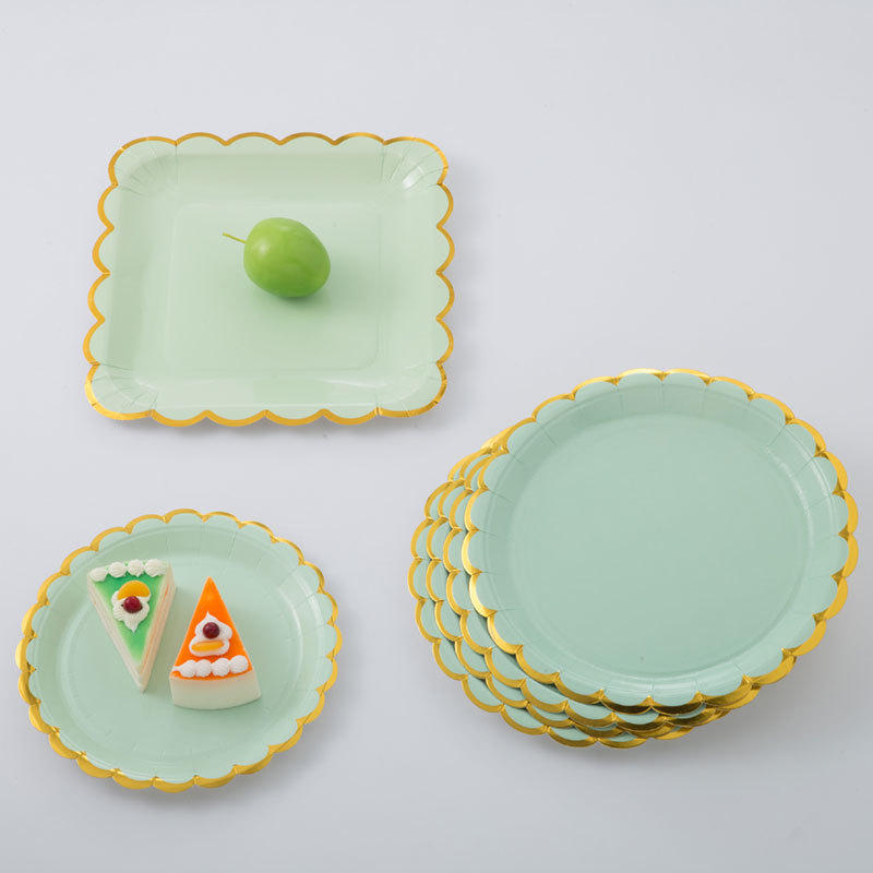 马卡龙色烫金花边纸餐盘生日聚会 节日派对用品一次性野餐盘