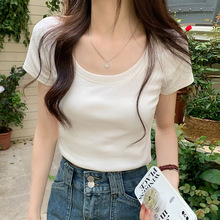 设计感短款T恤女圆领弹力纯色百搭夏季韩版休闲紧身辣妹短袖上衣