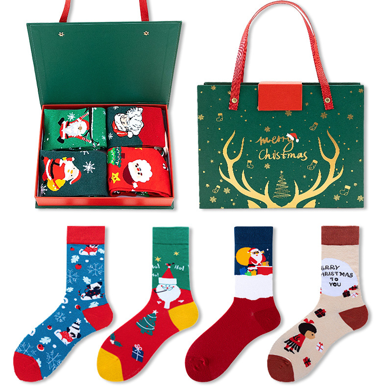 4 Pairs Christmas Stockings Gift Set Europe and America Cross Border Santa Claus Snowman Cartoon Cotton Socks Christmas Stockings Wholesale